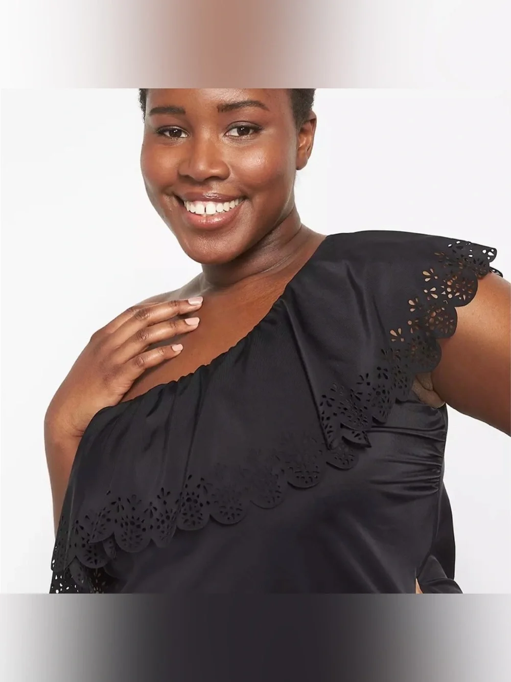 Cacique No-Wire Laser Cut One-Shoulder Ruffle Swim Tankini Top Plus Size 24